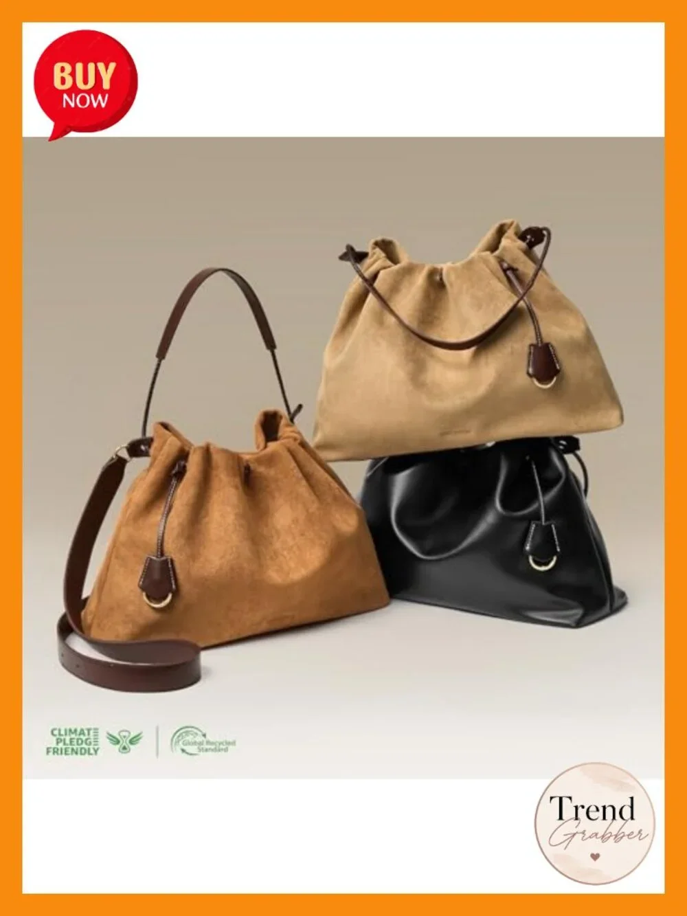 Slouchy Hobo Bag with Drawstring Closure, Faux Suede & Vegan Leather, Dual